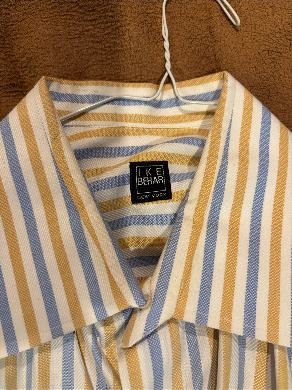 Ike Behar Vertical Blue, Gold & White Striped Dress Shirt